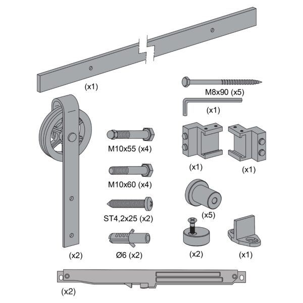 Kit SF-RUSTICO 80G(rueda Ø125). x2 Softbrake. Sistema puerta de granero.
