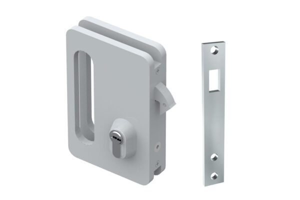 Cerradura con gancho para puerta corredera de vidrio 8-10mm. Alum. Anod. Plata mate.